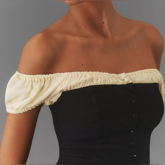 Maeve Off-The-Shoulder Shirred Linen Micro Romper, Black & Yellow, Size 14 - Picture 5 of 13